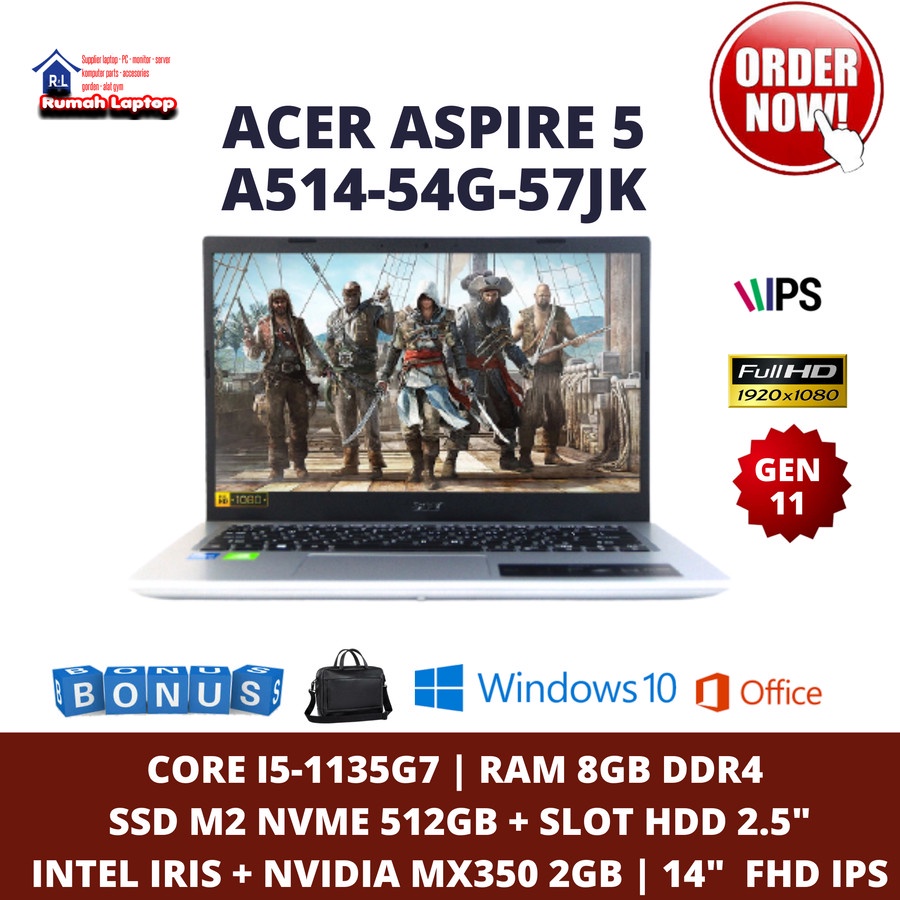 Laptop Gaming Acer A514 54g-57jk | Core I5-1135g7 | Ram 8gb | Ssd 512gb | Vga Nvidia Mx350 2gb | 14" Full Hd Ips