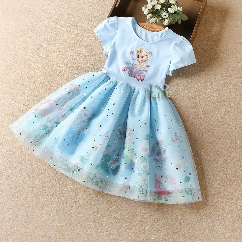 LNR Shop Free Tongkat Sihir + Mahkota Gaun Anak Perempuan Motif Frozen Elsa Lengan Pendek Dress Ulang Tahun Rok Tutu Princess Import Dua Layer Ana Frozen Aksesoris Set Perhiasan Mahkota Anting Gelang Kalung Cincin Sarung Tangan Salju Rambut Palsu