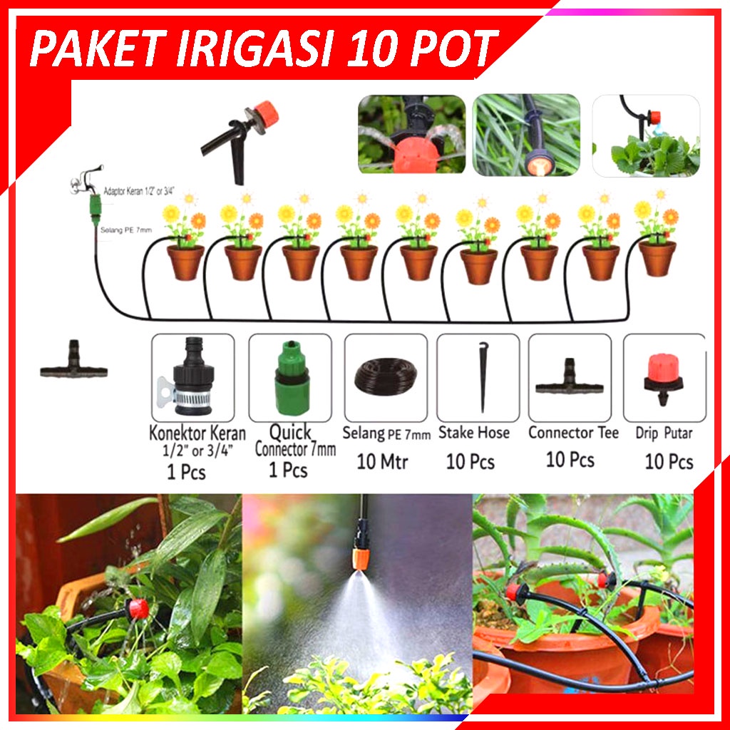 Paket Irigasi Siram Tanaman Sambung 10 Pot - Paket Peralatan Set Irigasi Otomatis Hidroponik Paket Irigasi Tanaman 10 Pot