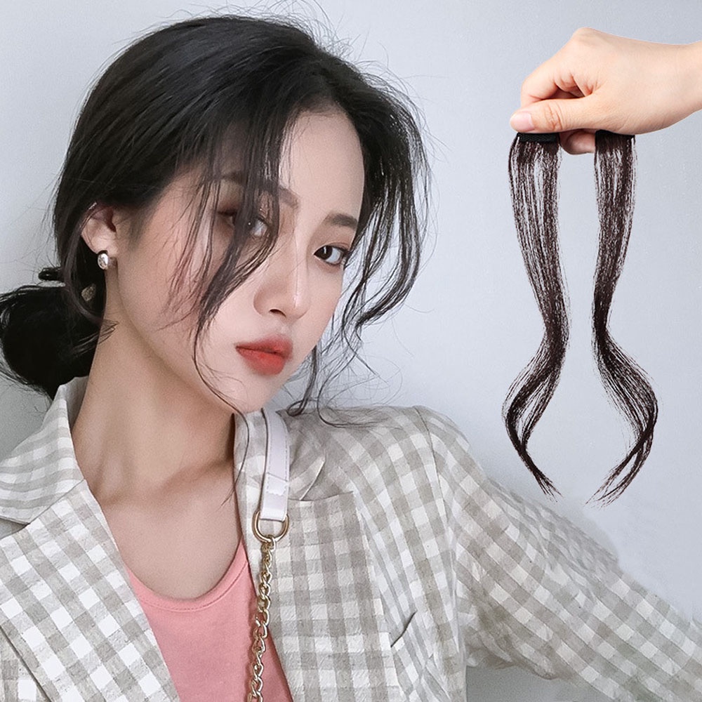 [ACKER] Wanita Sopak Rambut Alami Sisi Fringe Rambut Palsu Poni Sintetis Campuran Bahasa Perancis Wig Potongan Air Poni Tak Terlihat Klip Di Rambut