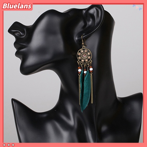 Anting Kait Gantung Panjang Desain Dream Catcher Aksen Rumbai Bulu Gaya Vintage Etnik Bohemia Untuk Wanita