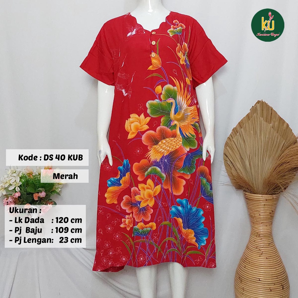COD DS40 KUB | Daster Batik Kencana Ungu Asli Label Biru Ukuran Jumbo | Baju Santai Tidur Wanita Dewasa Kancing Depan Busui Friendly Motif Terbaru-Merah E