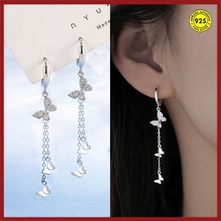 Anting Gantung Panjang Tusuk Silver Sterling 925 Motif Kupu-Kupu + Berlian + Rumbai Untuk Perhiasan Wanita