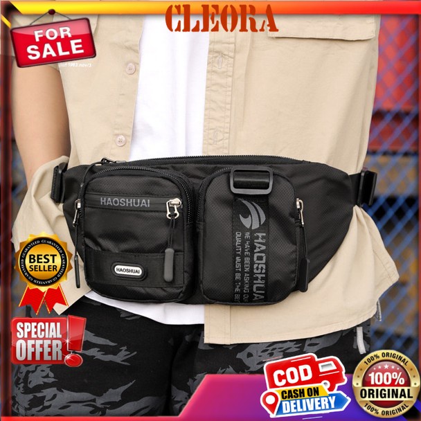 Tas Selempang Pria Waistbag Pria HAOSHUAI Original Waterproof  Kekinian Import Ori Branded Keren Tra