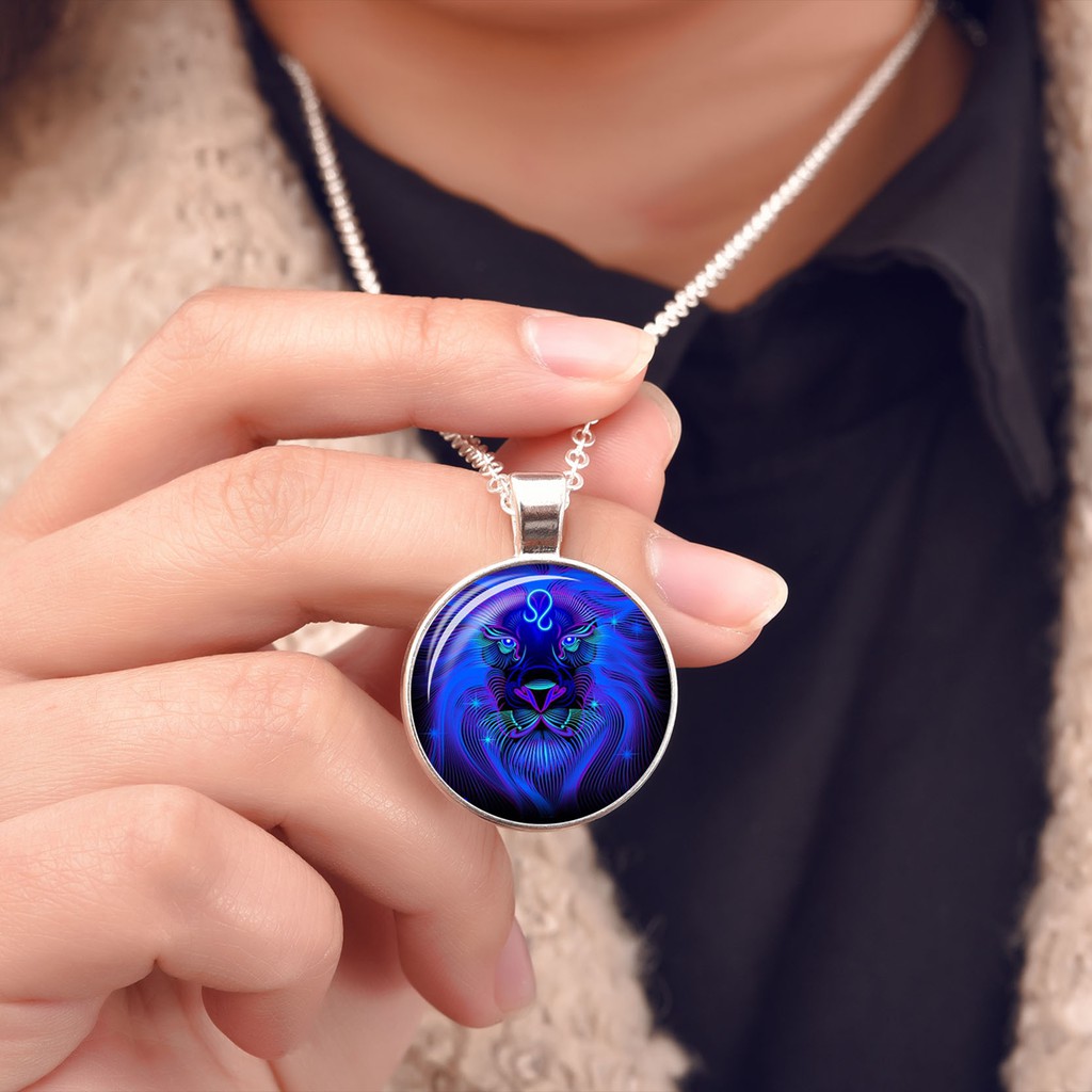 KALUNG ZODIAK 12 ZODIAC HOROSCOPE LIONTIN KACA TALI RANTAI ATAU KULIT (MODEL NEON BIRU)