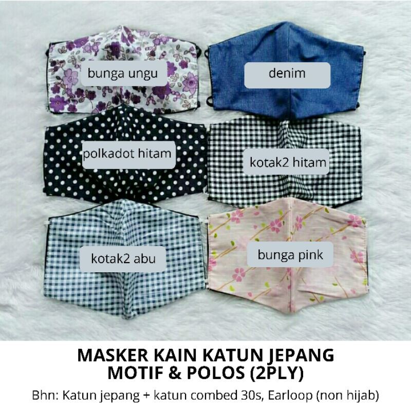 Masker Kain Duckbill Earloop/Headloop Katun Jepang Motif + Katun Combed Polos (2 Ply) Premium Murah