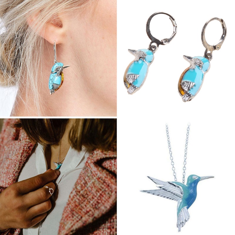 Siy Set Anting Tusukkalung Dengan Liontin Burung Kolibri Warna Biru Untuk Wanita