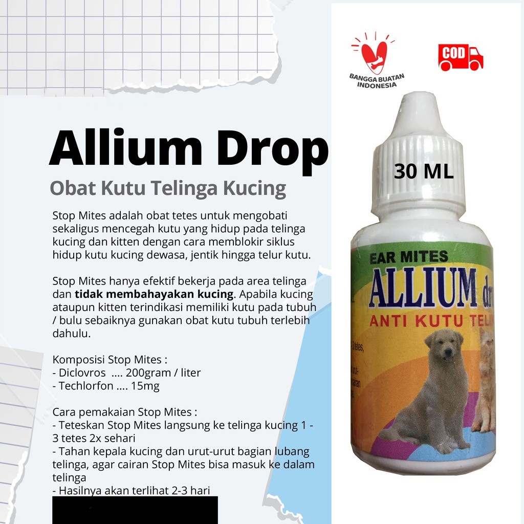 OBAT TETES ANTI KUTU TELINGA KUCING &amp; ANJING - ALLIUM DROPS EAR MITES 30 ML - CEGAH RADANG &amp; INFEKSI TELINGA -TAMASINDO PERAWATAN CAT DOG - KUTUAN - MURAH GARANSI KUALITAS ASLI ORIGINAL -  ANIMAL VETERINARY VITAMIN HEWAN BINATANG PELIHARAAN  MITRAPETLOVER