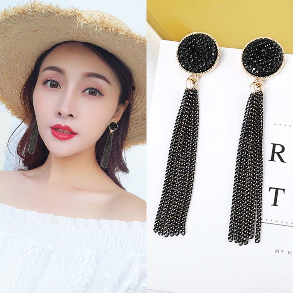 Anting Panjang Model Rumbai Menjuntai Aksen Kristal Warna Hitam Untuk Wanita