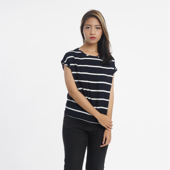 Blouse wanita Atasan Baju Wanita Lengan Pendek Motif Garis-Garis Hitam Biru Navy Murah