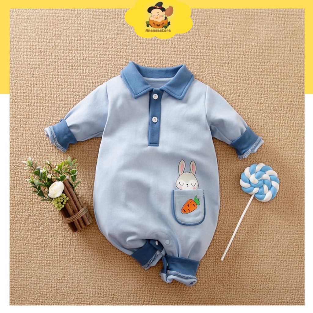 ANANAKSTORE - Baju jumper anak motif KELINCI CARROT 829 / Jumpsuit bayi IMPOR KOREA
