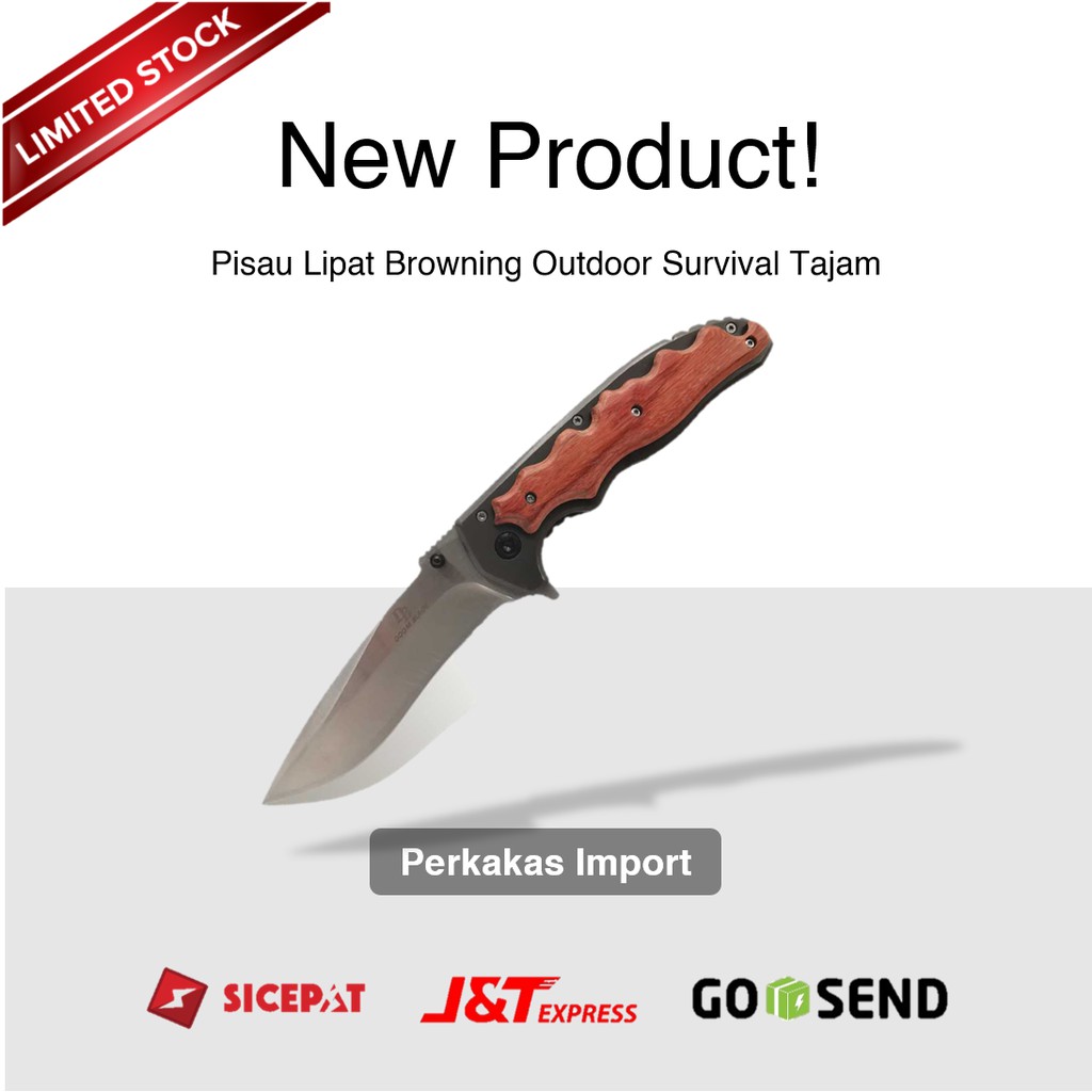 Pisau Lipat Browning Outdoor Survival Tajam Baja Knife Wooden Handle - CBF64