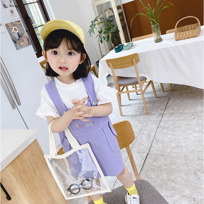 KF Cat Dress Overall Anak Perempuan Motif Rainbow Kaos Pendek Import Korea Style 1-4 Tahun Anak Cewek Set-Ungu
