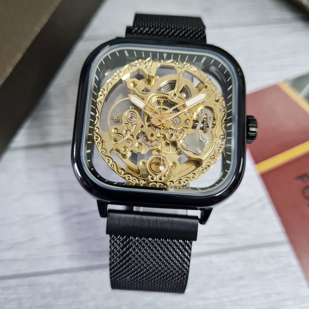 (COD) Jam Tangan Pria Original FORSINING Umbra Black Hitam Gold Automatic Otomatis Skeleton Mekanik 