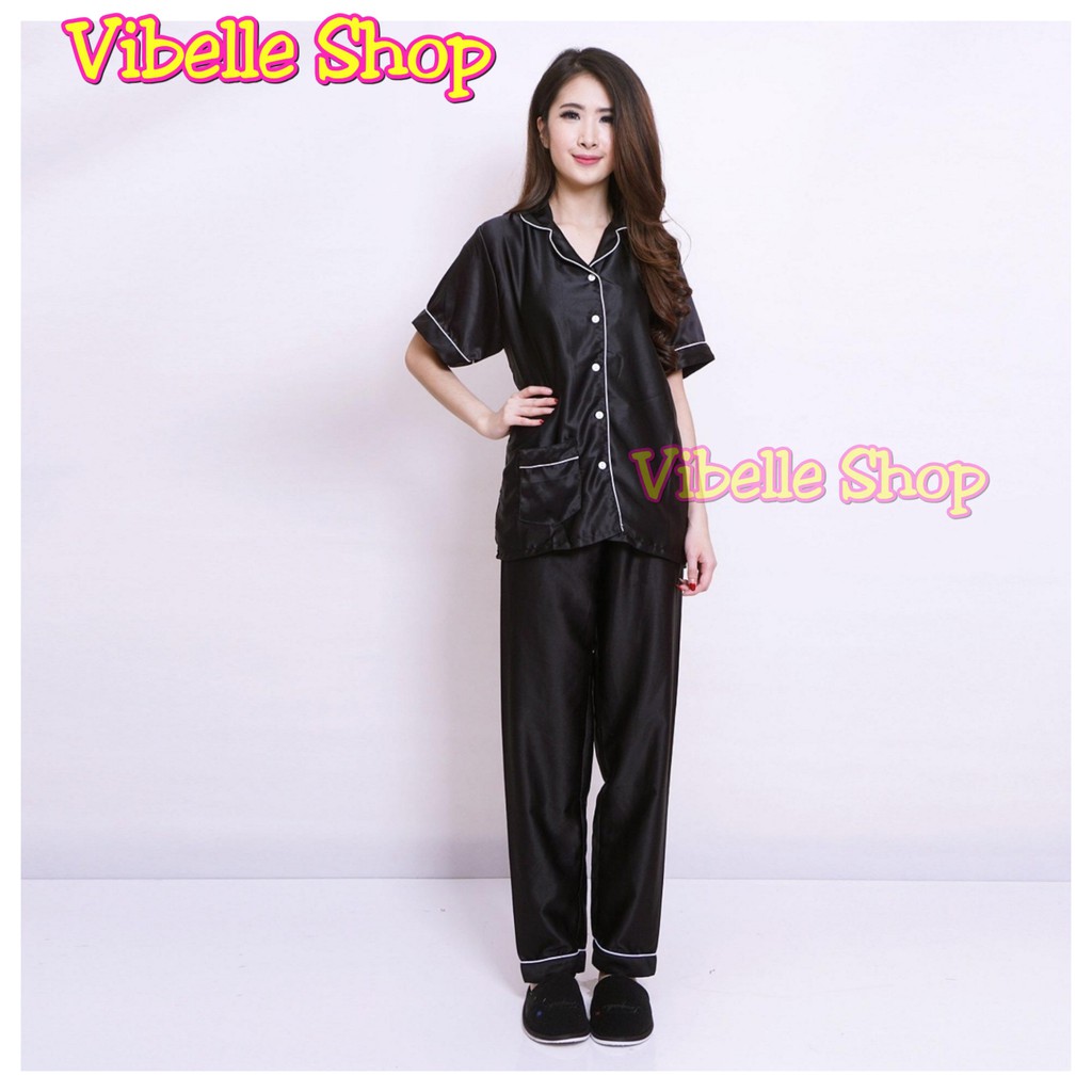 SATINCP - Satin Silky Velvet Premium Vibelle Shop Grosir Baju Tidur CP Piyama Fashion Murah Wanita-Hitam