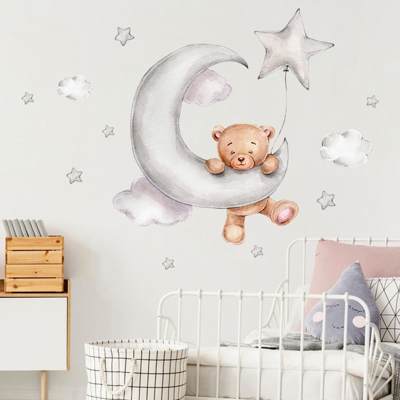 Stiker Dinding Decal Desain Kartun Bear Moon Cloud Star Bahan Pvc Untuk Kamar Anak