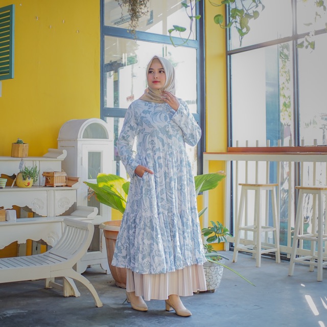 Midi dress white blue /midi dress rayon