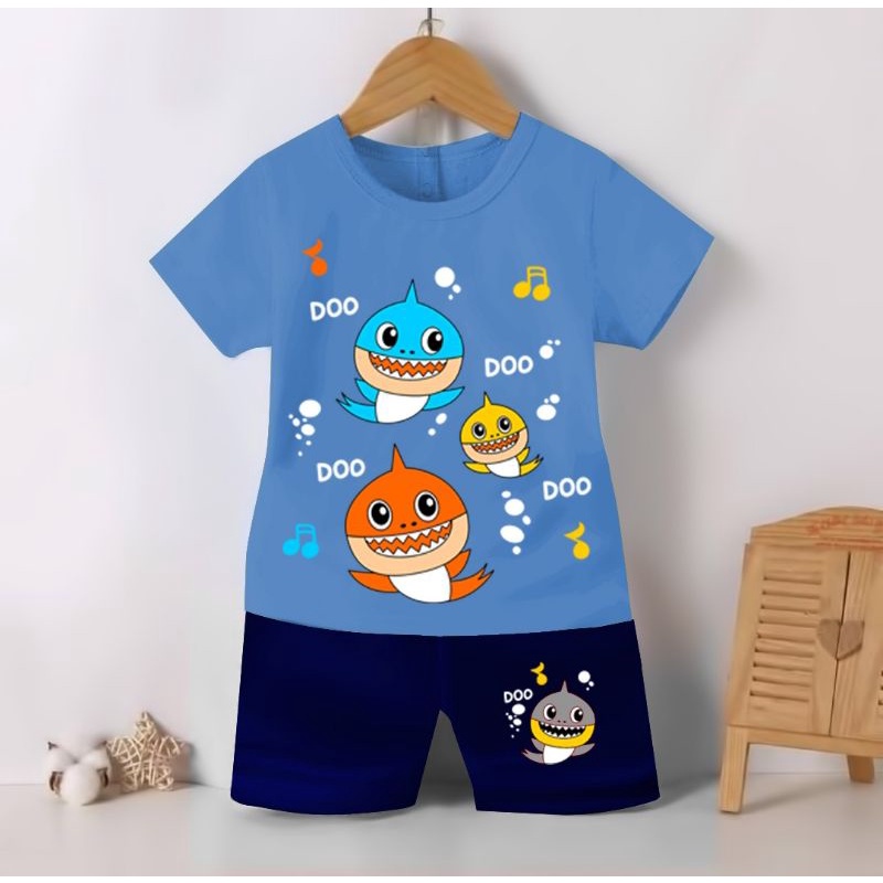 (COD) SETELAN BAJU ANAK COWO DAN CEWE MOTIF BABY SHARK | SETELAN KAOS ANAK COWO DAN CEWE GAMBAR BABY SHARK SIZE 1-7 TAHUN-Biru