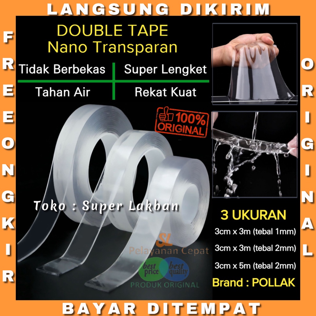 Double Tape Perekat Dinding Double Tip  Bening Super Kuat Tahan Air Lengket 1-3 Meter Tebal 1mm Alikasi Serbaguna