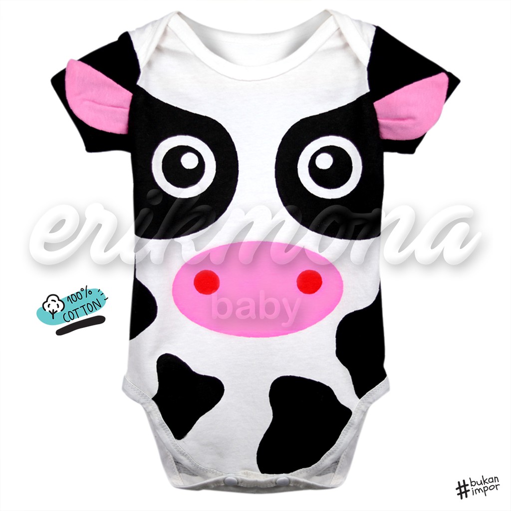 Ermon Baby - Jumper Bayi Laki Laki Perempuan Jumper Baby Cowok Cewek Lucu Karakter Sapi + Topi Usia 0 - 12 Bulan
