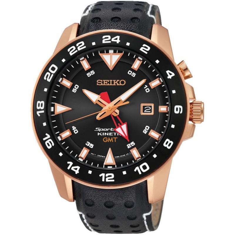 Seiko SUN028P1 Sportura Kinetic GMT Function Black Dial Black Leather Strap