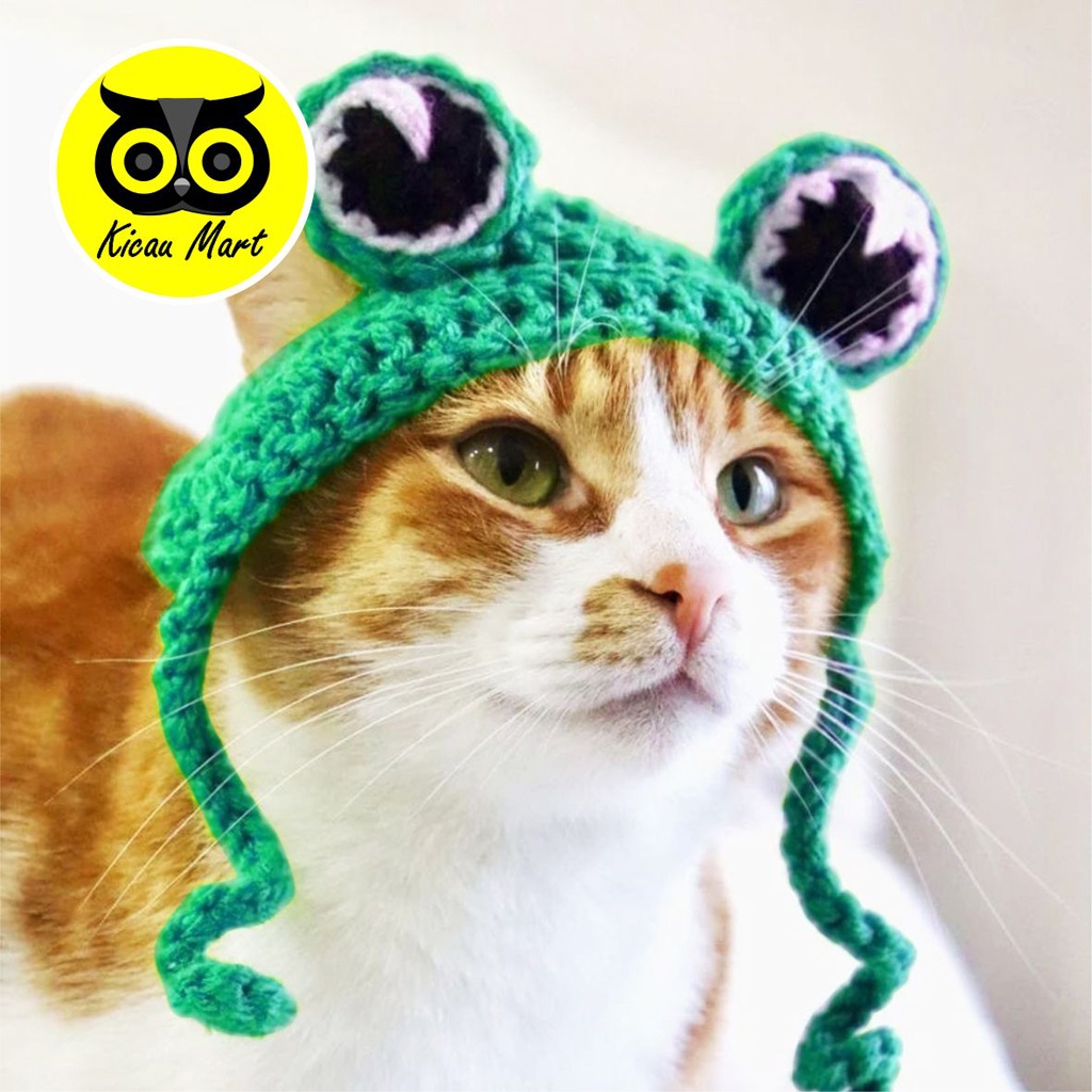 Topi Kucing Anjing Rajut Motif Katak Pet Bucket Hat Crochet Topi Bando Baju Mainan Kucing Aksesoris Kucing Karakter Kodok Topi Kucing Anjing Anabul Kelinci Monyet Crochet SEMPATI