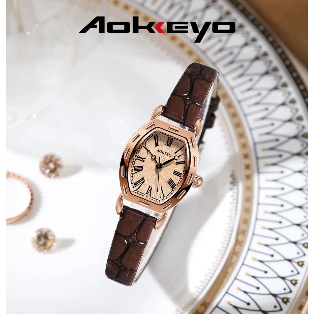 AOKEYO S053 Jam Tangan Wanita Klasik Mode Display Kuarsa  Santai Jam Tali Kulit Tahan Air  Jam Tangan Cewek (Free BOX+Kartu Garansi)-3