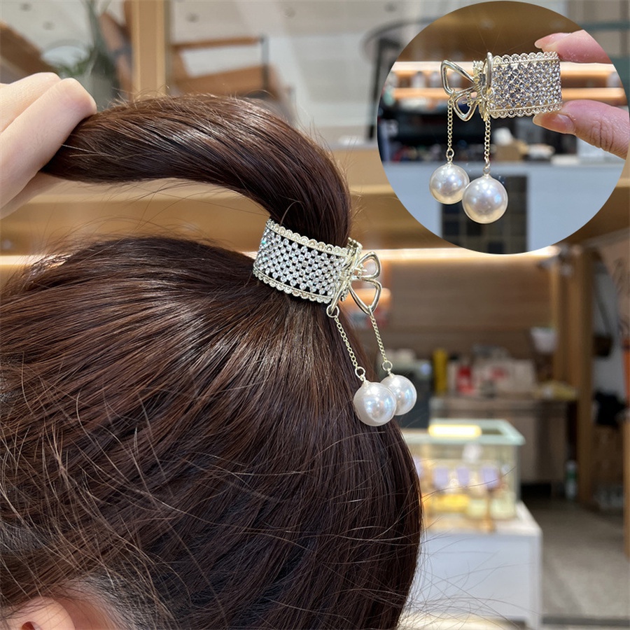 Aksesoris Jepit Rambut Ponytail Bahan Alloy Aksen Mutiara Berlian Imitasi Gaya Korea Untuk Wanita