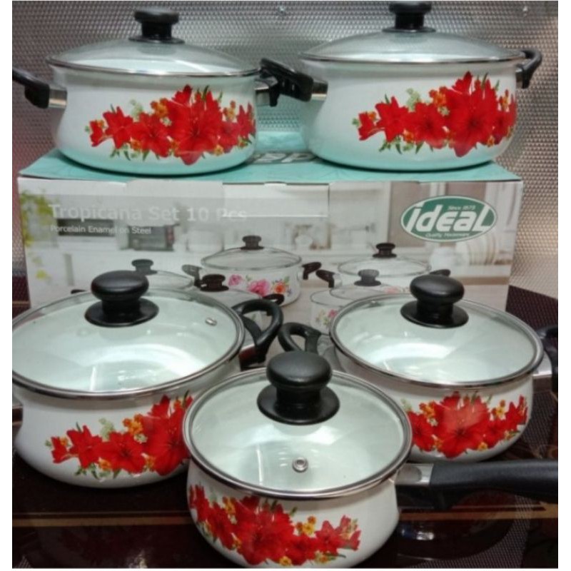 Panci tropicana set 10 pcs motif bunga enamel ideal tutup kaca