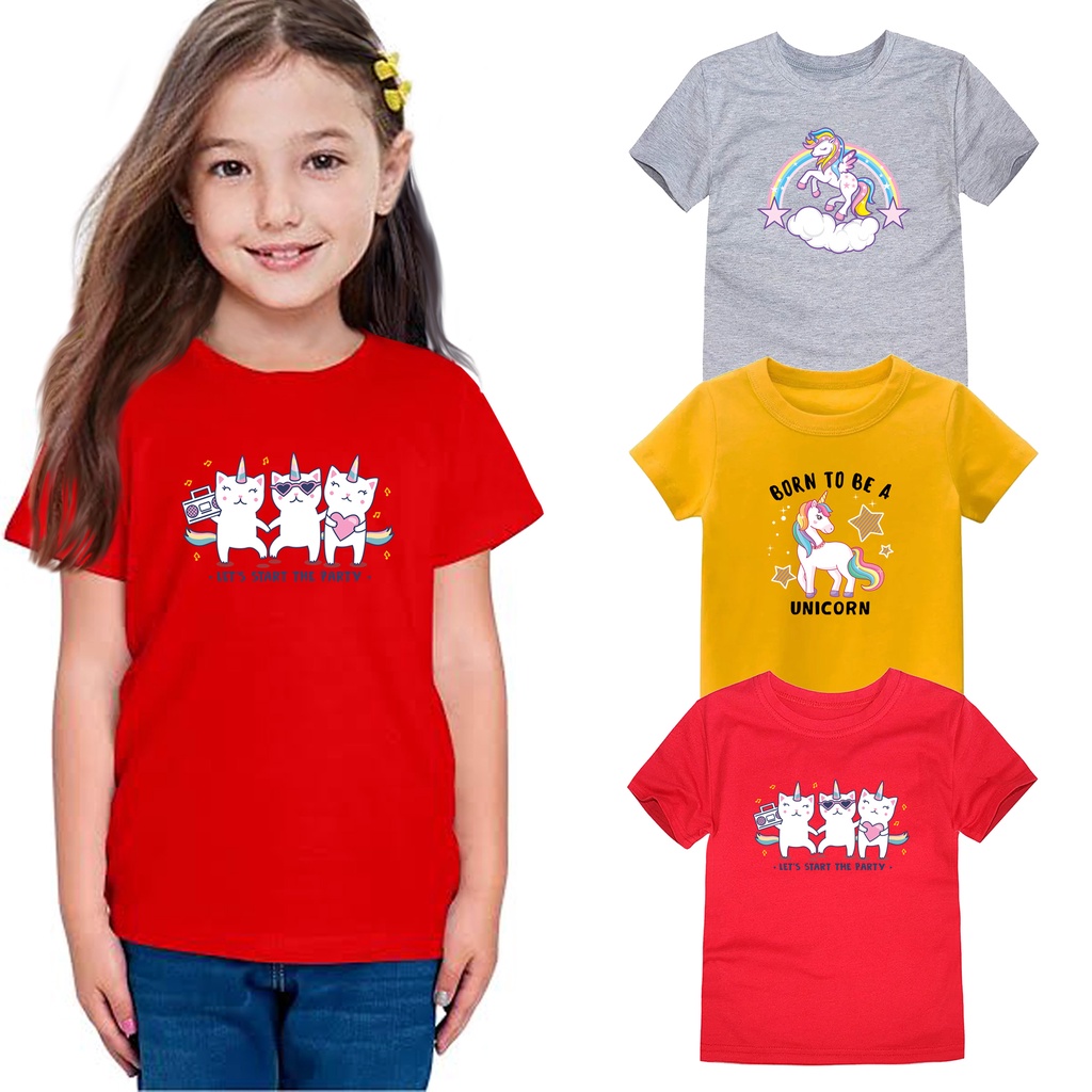 Baju Kaos Motif Unicorn Lengan Pendek Anak Perempuan Bahan Katun Usia 1 Tahun Sampai 12 Tahun