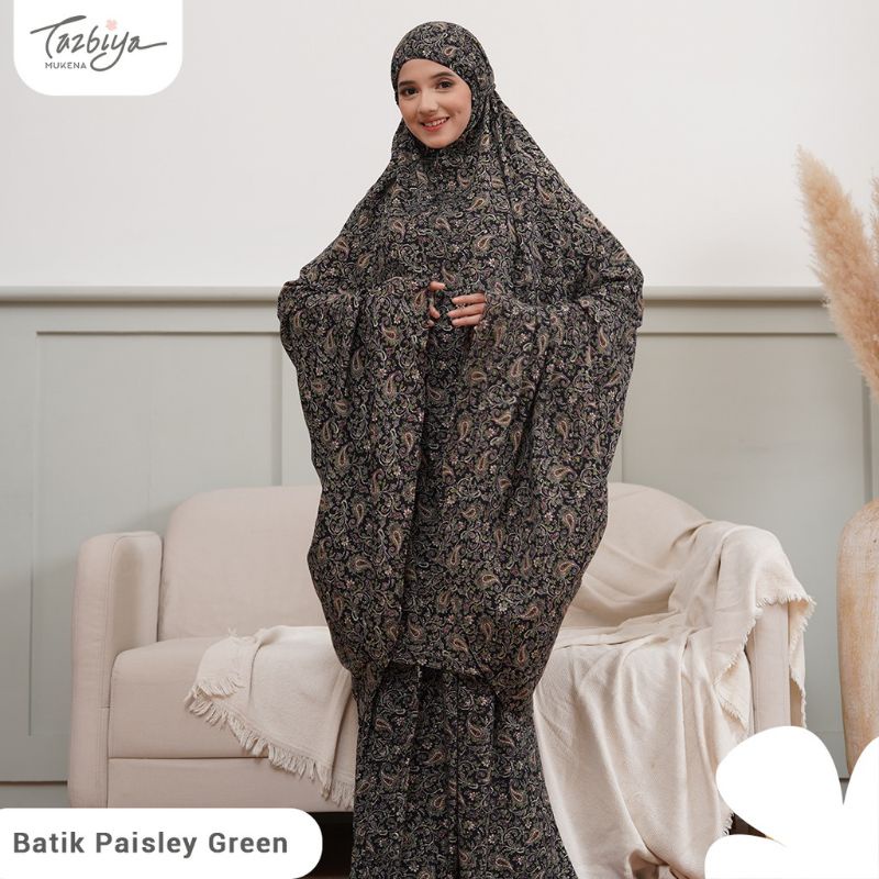 Mukena Tazbiya Batik Paisley Series Red/Green Jumbo Dewasa Katun Rayon Adem Motif Cantik