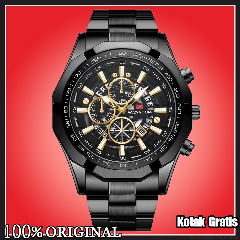 VaVa Voom 2383 Jam Tangan Pria Original Stainless Steel Analog Quartz Cowok Tangan Arloji Tahan Air Watch + Kotak Gratis