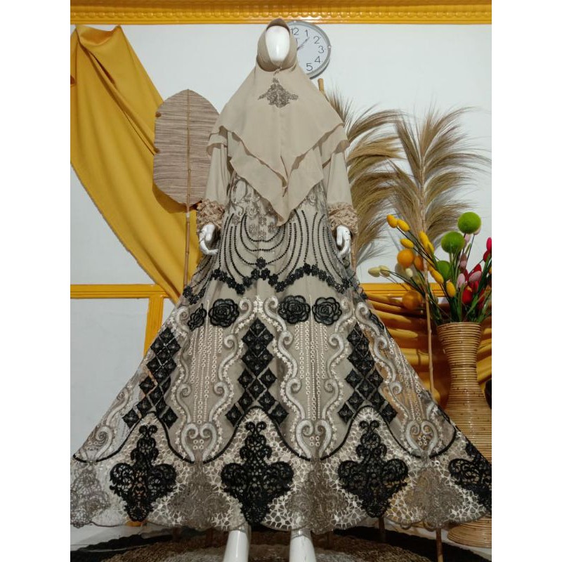 Gamis Syar'i Full Brokat Keliling Mewah Inner Jersey Super Cantik Mewah Murah | Butik Gaun Pesta