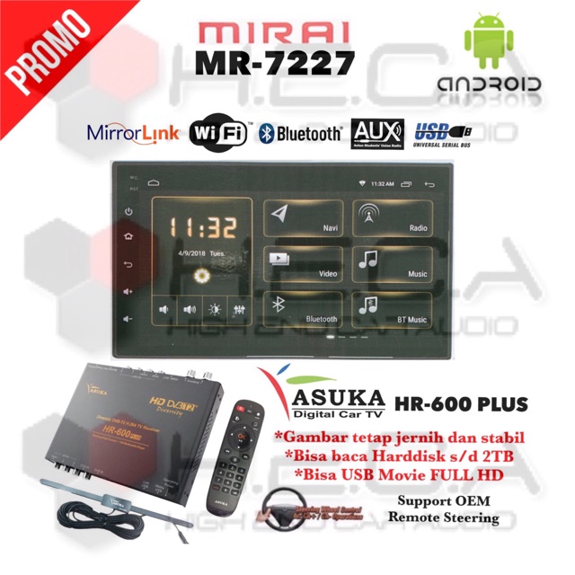 MIRAI MR-7227 Android 7-inch Head Unit Double Din Tape Audio Mobil &amp; TV Tuner Digital HR-600 PLUS