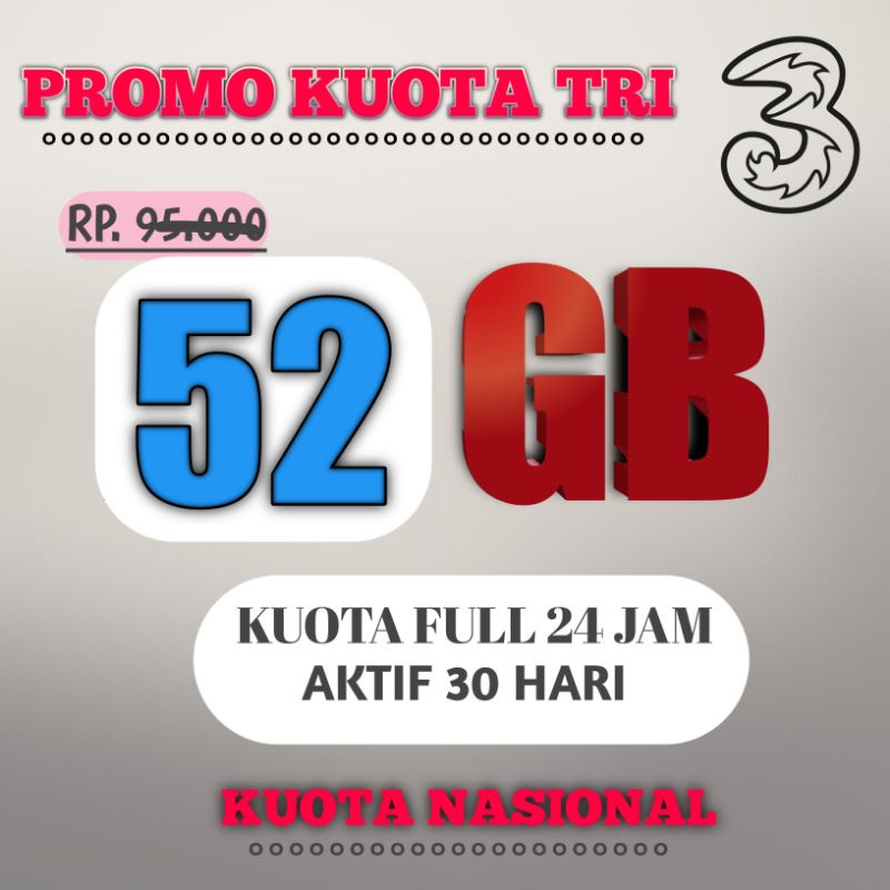injek kuota data tri 52gb 30 hari NASIONAL