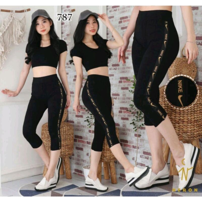 NEW LEGGING IMPORT TERMURAH 7/8 LIST JAHIT COKLAT BAHAN SPANDEK