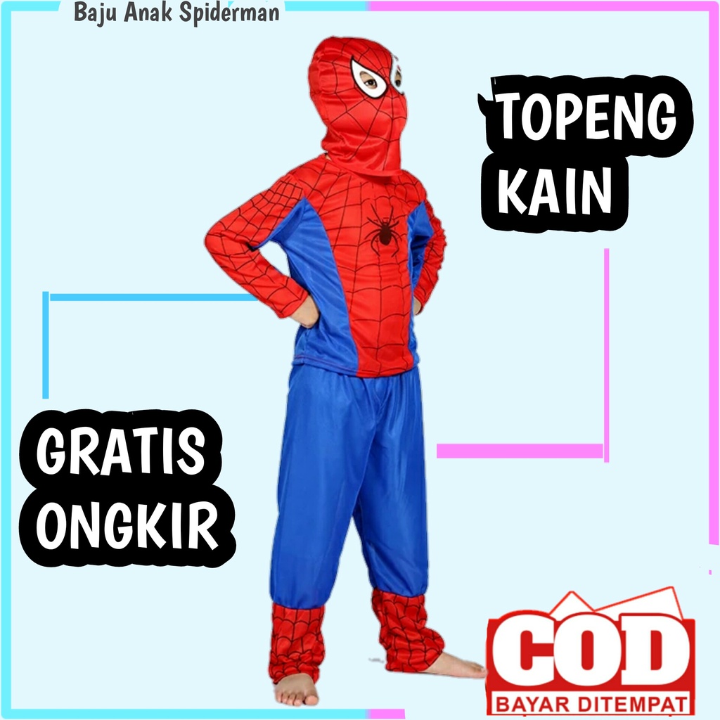 Baju Kostum Spiderman Anak Topeng Kain Usia 1 - 11 Tahun