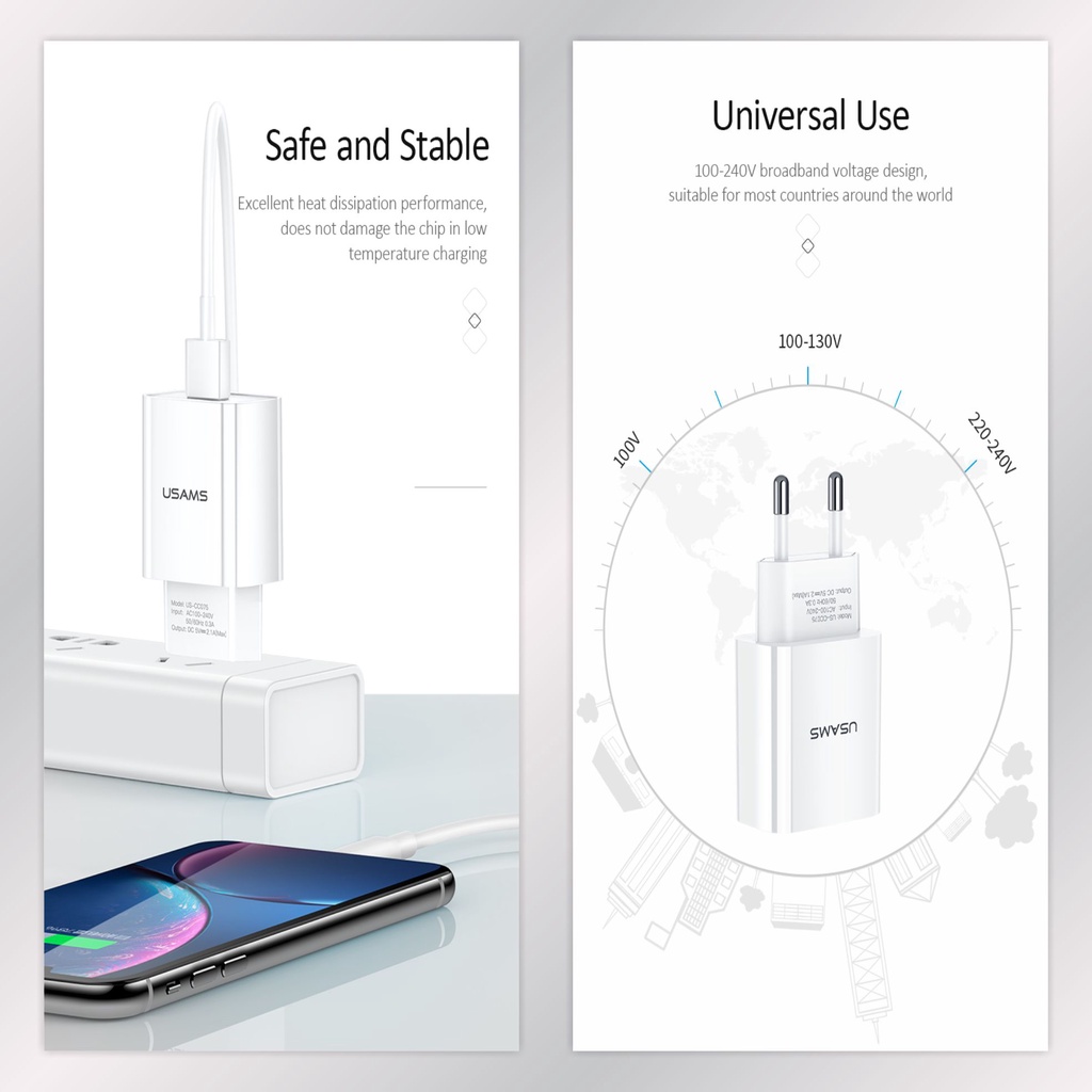 USAMS T21 Charger Adapter + Kabel Data Type C 2.1A Fast Charge