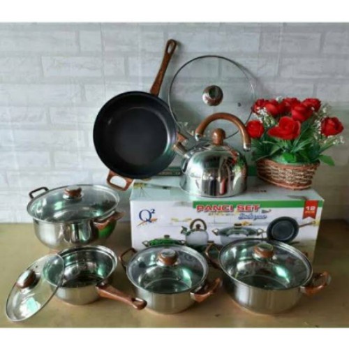 Panci Wajan Teko set 12pcs Stainless steel with tutup kaca merk Q2 PANCI SET SERBAGUNA