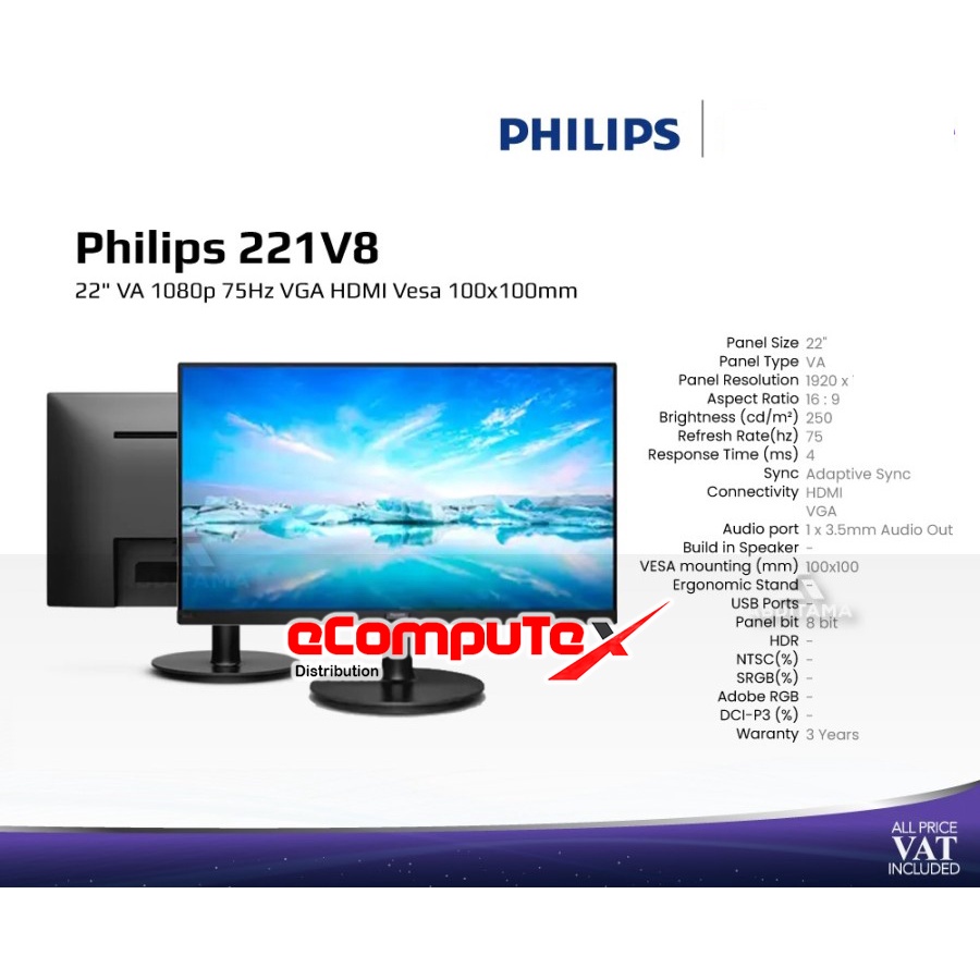 MONITOR LED PHILIPS 221V8 22&quot; VA 1080p 75Hz VGA HDMI Vesa 100x100mm / MONITOR LED PHILIPS 221V8 22 INCH