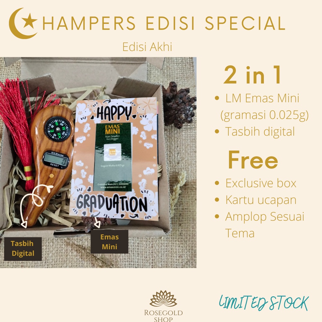 (Bisa COD) Hampers Special Emas Mini dan Tasbih Digital Limited Edition Kado Ulang tahun, Pernikahan, Wisuda, Kelahiran, Hari Raya, Anniversary