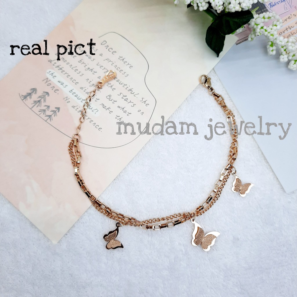 Gelang Rantai Titanium Dua Leyer Dengan 3 Kupu-Kupu Tersedia Warna Rose Gold,  Gold dan Silver