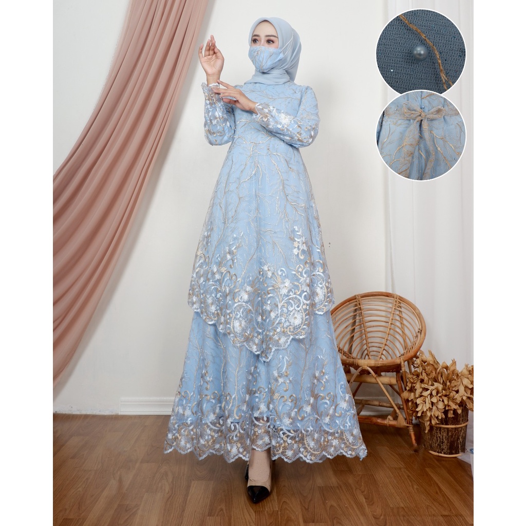 Permata Olshop / Kebaya Gamis Tingkat Runcing DJ / Gamis Pesta Mewah / Baju Gamis Pesta Wanita