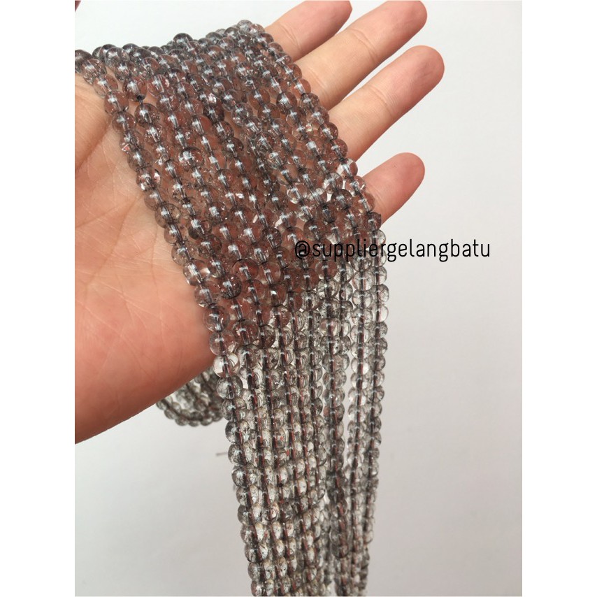 Semi Stone Rutilated Kuarsa Quartz Bintik 6mm Renceng Gelang Kalung Black Glass Bead Grey Rencengan