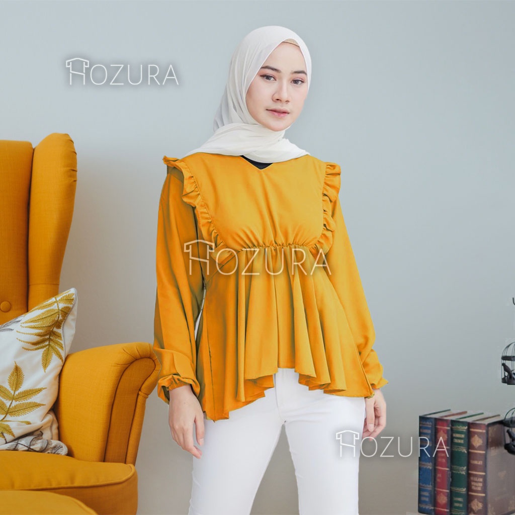 HOZURA - Blouse Dina - Atasan Muslim Wanita - Blus Wanita Muslim Ruffle - Baju Atasan Wanita Salma Blouse Kemeja Rempel Dada Crinkle Blouse Atasan Wanita Polos - Top - Baju Muslim Wanita - Blus Muslim Mewah - Kekinian Murah Gratis Ongkir COD