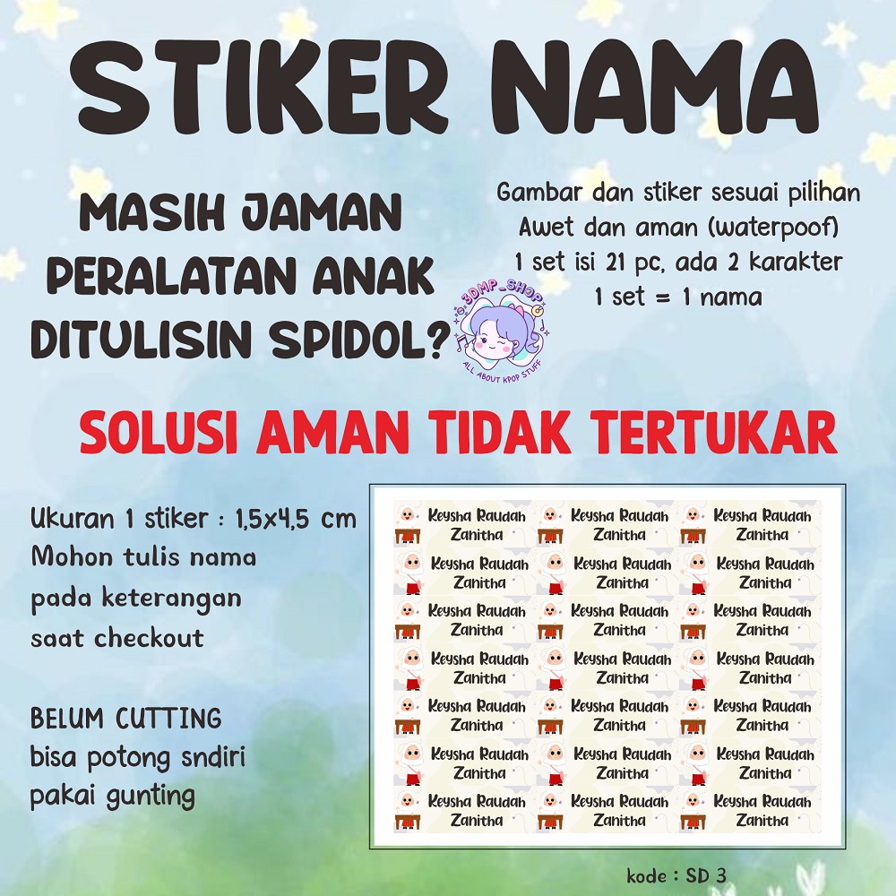 Stiker label nama custom request buku anak perempuan sd laki laki pria muslim