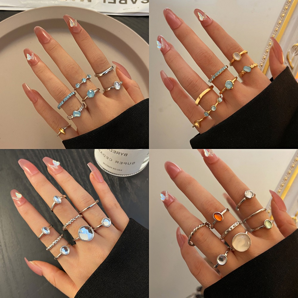 7pcs / Set Cincin Jari Hias Kristal Berlian Zirkon Dapat Disesuaikan Untuk Wanita