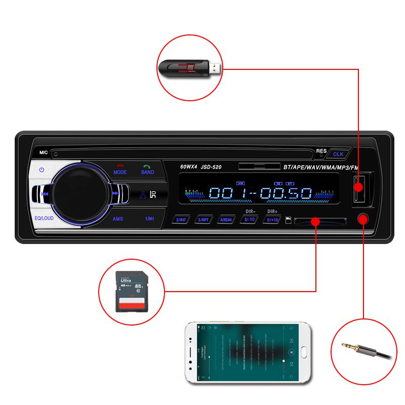 Taffware Tape Audio Mobil Bluetooth Car MP3 Player output 4X60W New JSD520 12V Car Radios Stereo FM MP3 Audio Player Support Bluetooth Phone with USB/SD MMC Port Car Electronics U-Disk Bluetooth MP3 Player Hands-free Car MP3 Stereo Audio FM Radio