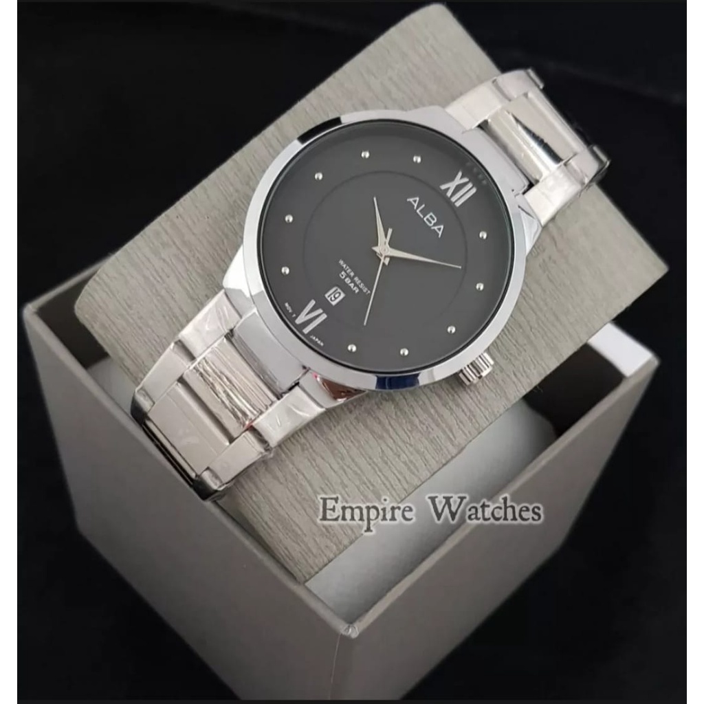 PROMOJam Tangan Alba 4D1741 Pria Cowok Analog Tanggal Aktif Rantai Stainless