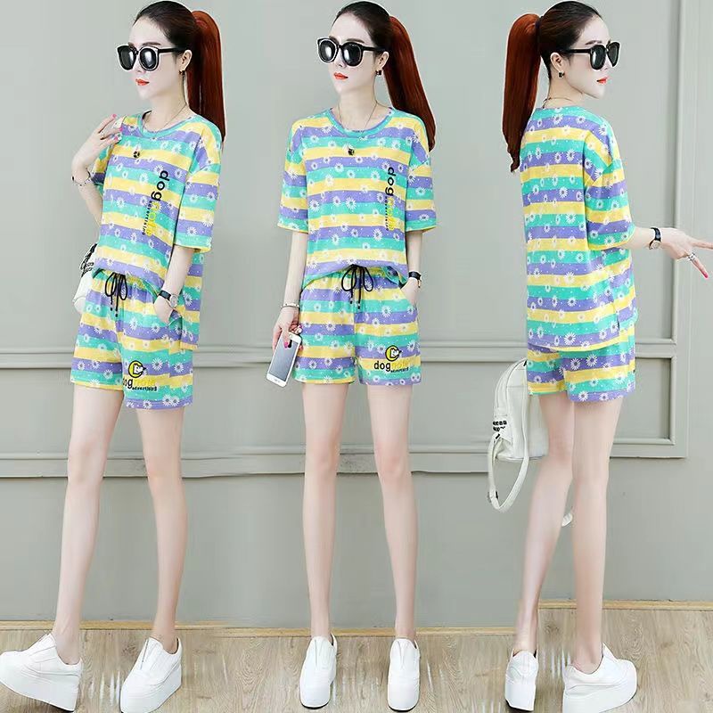 Celana Pendek musim panas Sesuai Dengan gaya Korea wanita lengan pendek fashion stripe satu set long